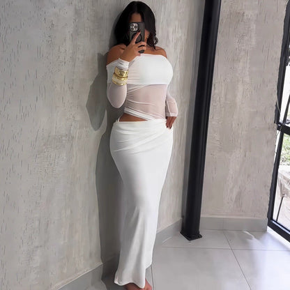 Summer Women Maxi Dress Sexy Mesh Stitching Slim Fit Tube Top Long Sleeve Dress - TayDiane