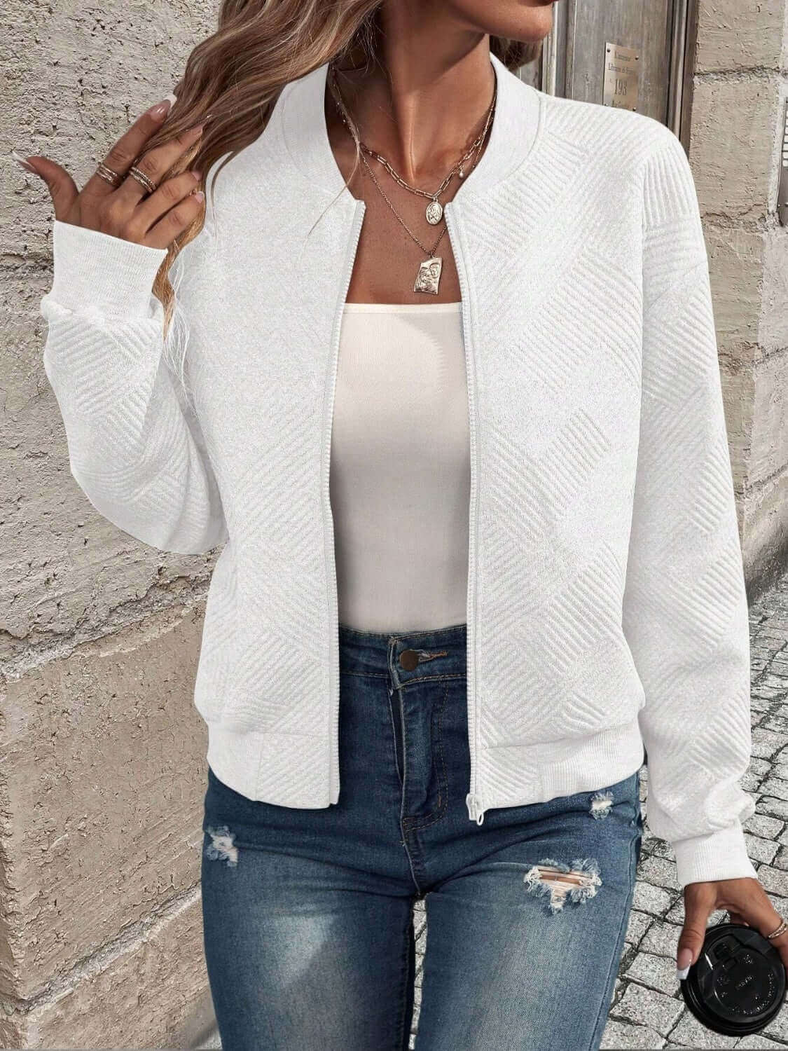 Textured Zip Up Long Sleeve Jacket - TayDiane