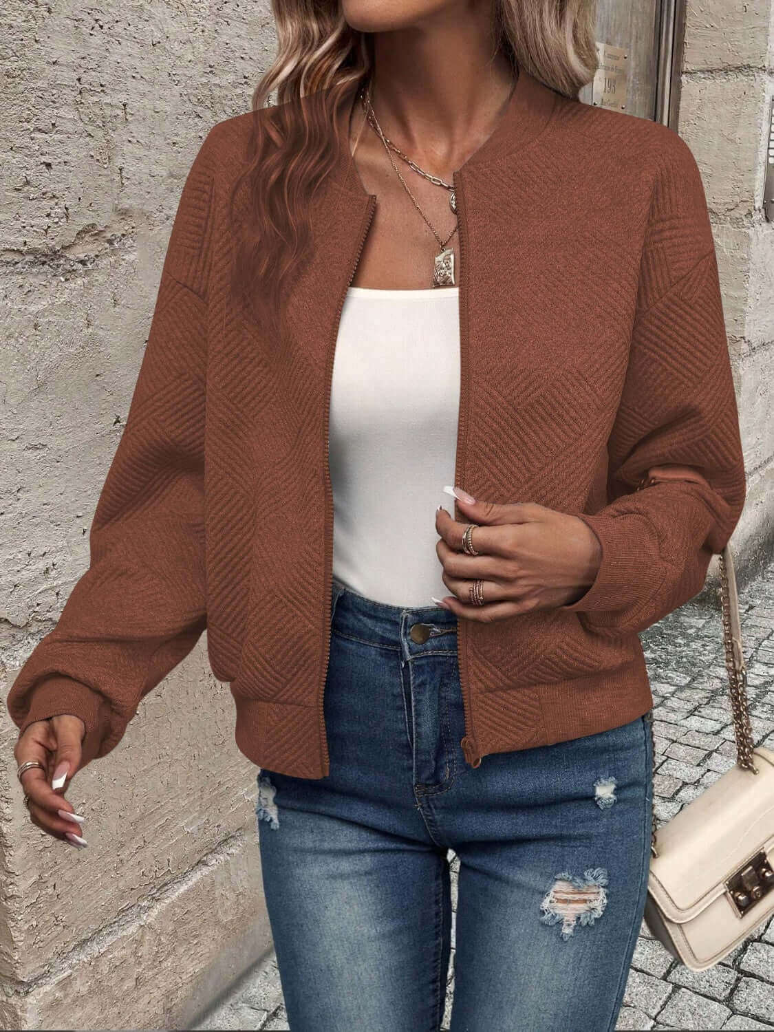 Textured Zip Up Long Sleeve Jacket - TayDiane