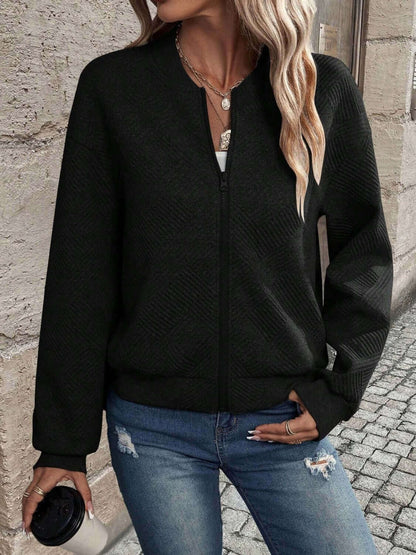 Textured Zip Up Long Sleeve Jacket - TayDiane