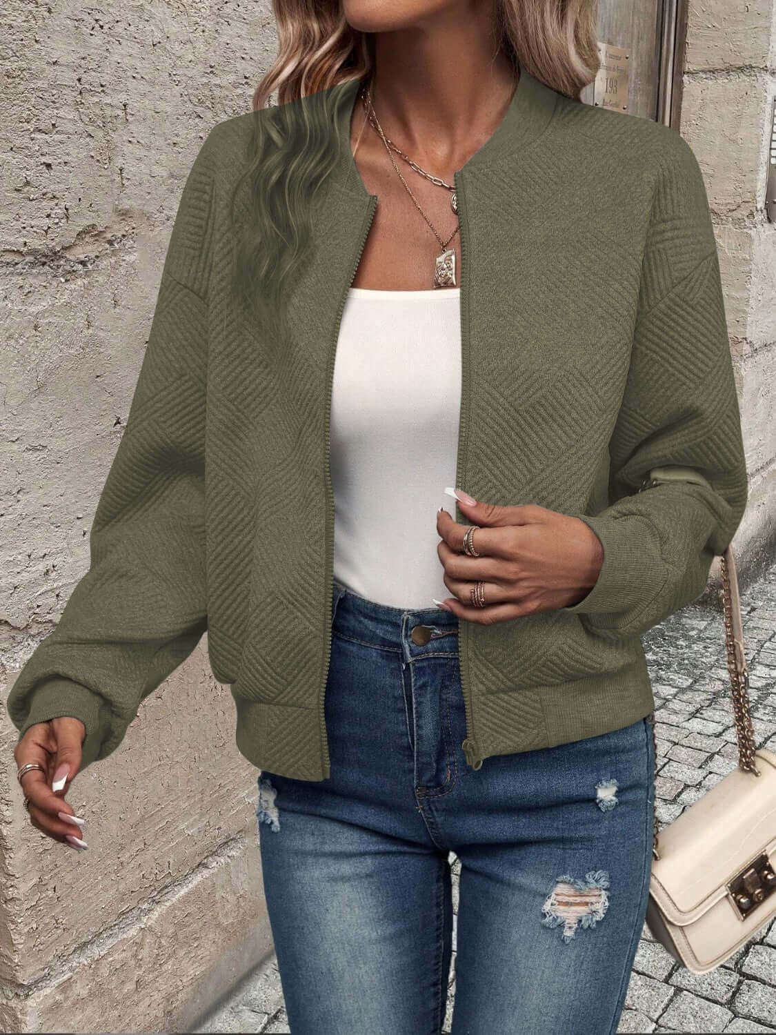 Textured Zip Up Long Sleeve Jacket - TayDiane