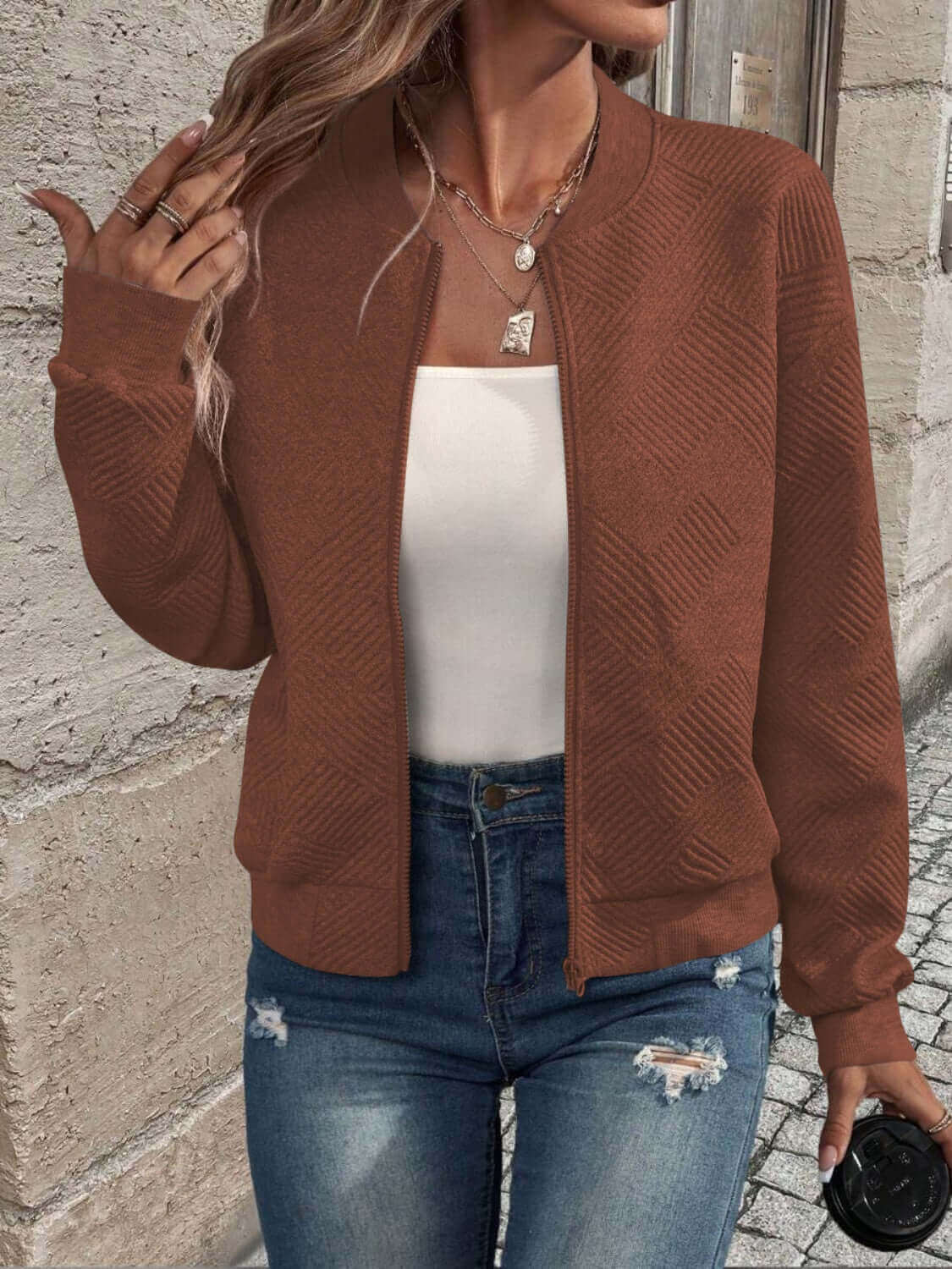 Textured Zip Up Long Sleeve Jacket - TayDiane