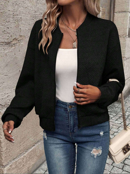 Textured Zip Up Long Sleeve Jacket - TayDiane