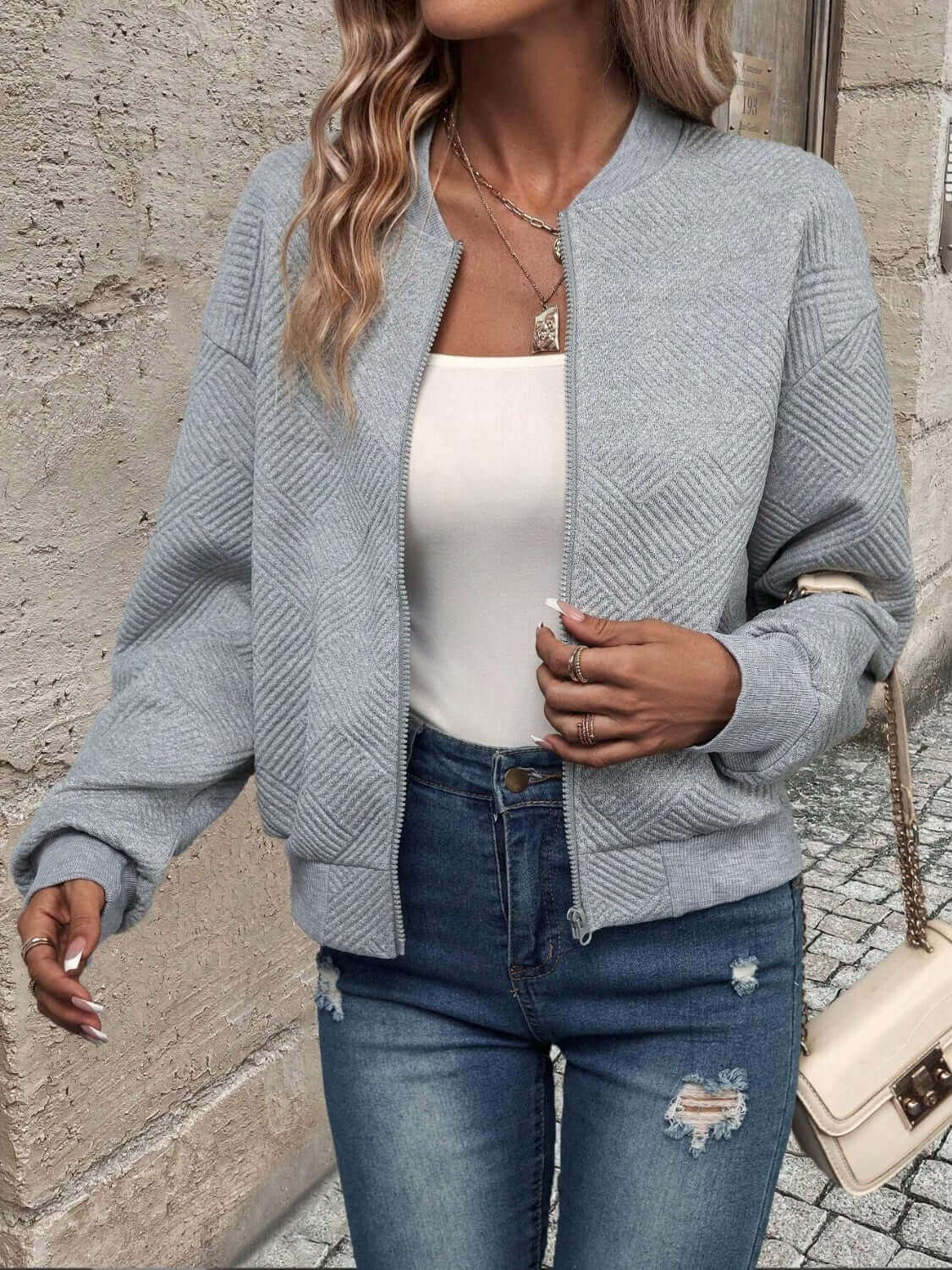 Textured Zip Up Long Sleeve Jacket - TayDiane