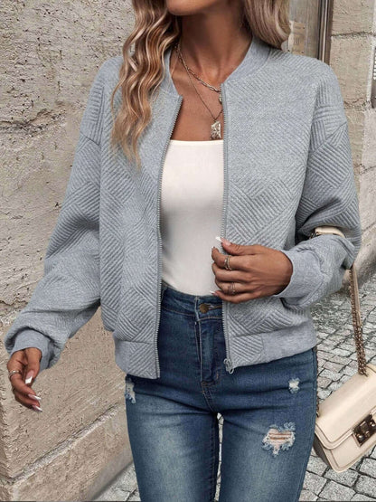 Textured Zip Up Long Sleeve Jacket - TayDiane