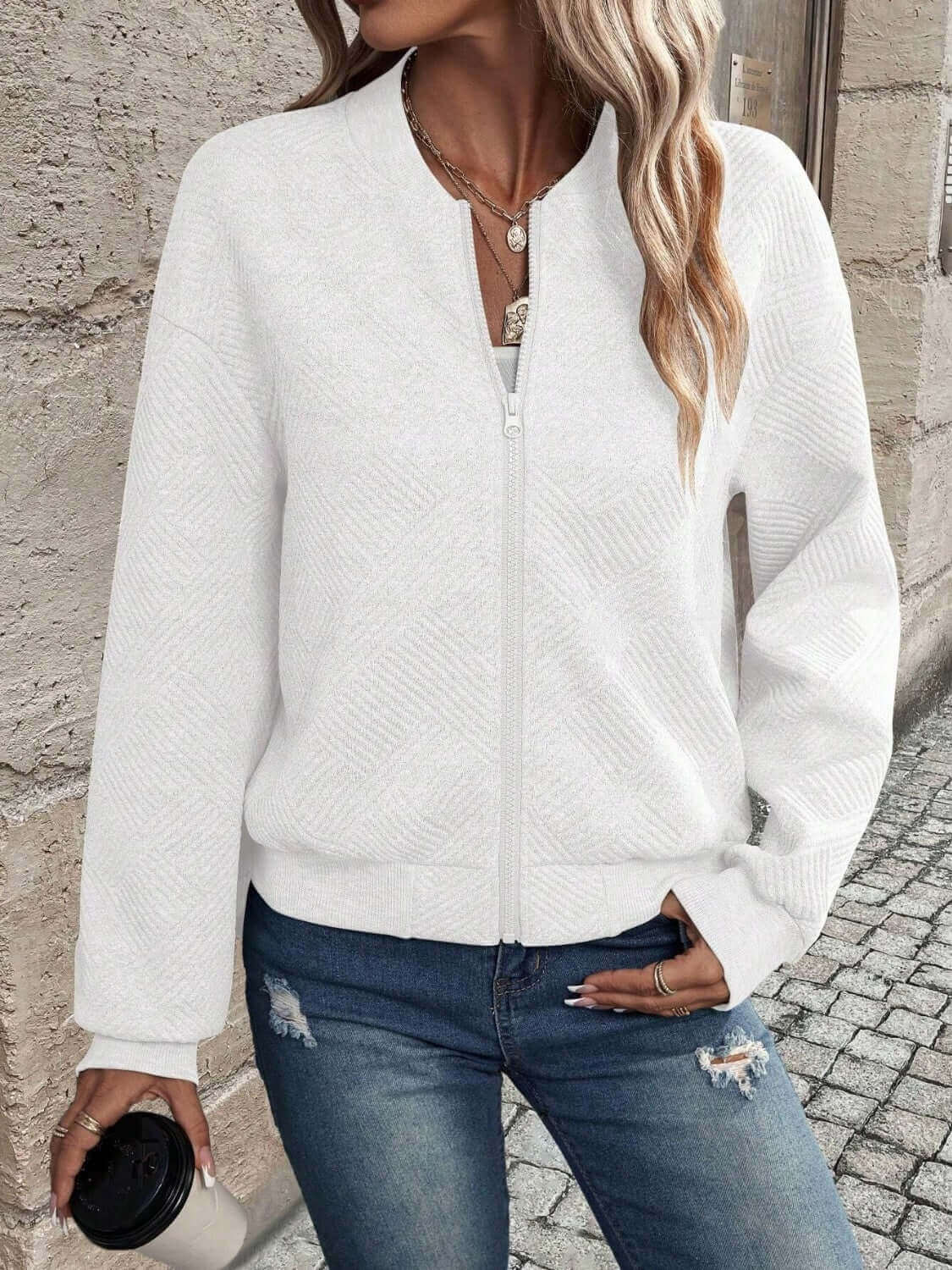 Textured Zip Up Long Sleeve Jacket - TayDiane