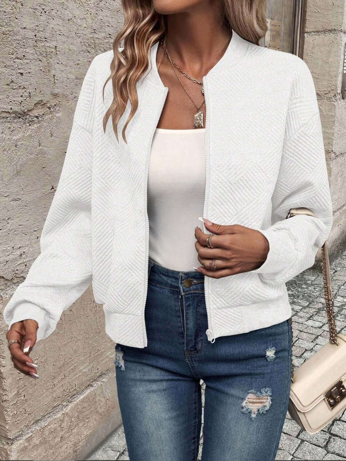 Textured Zip Up Long Sleeve Jacket - TayDiane