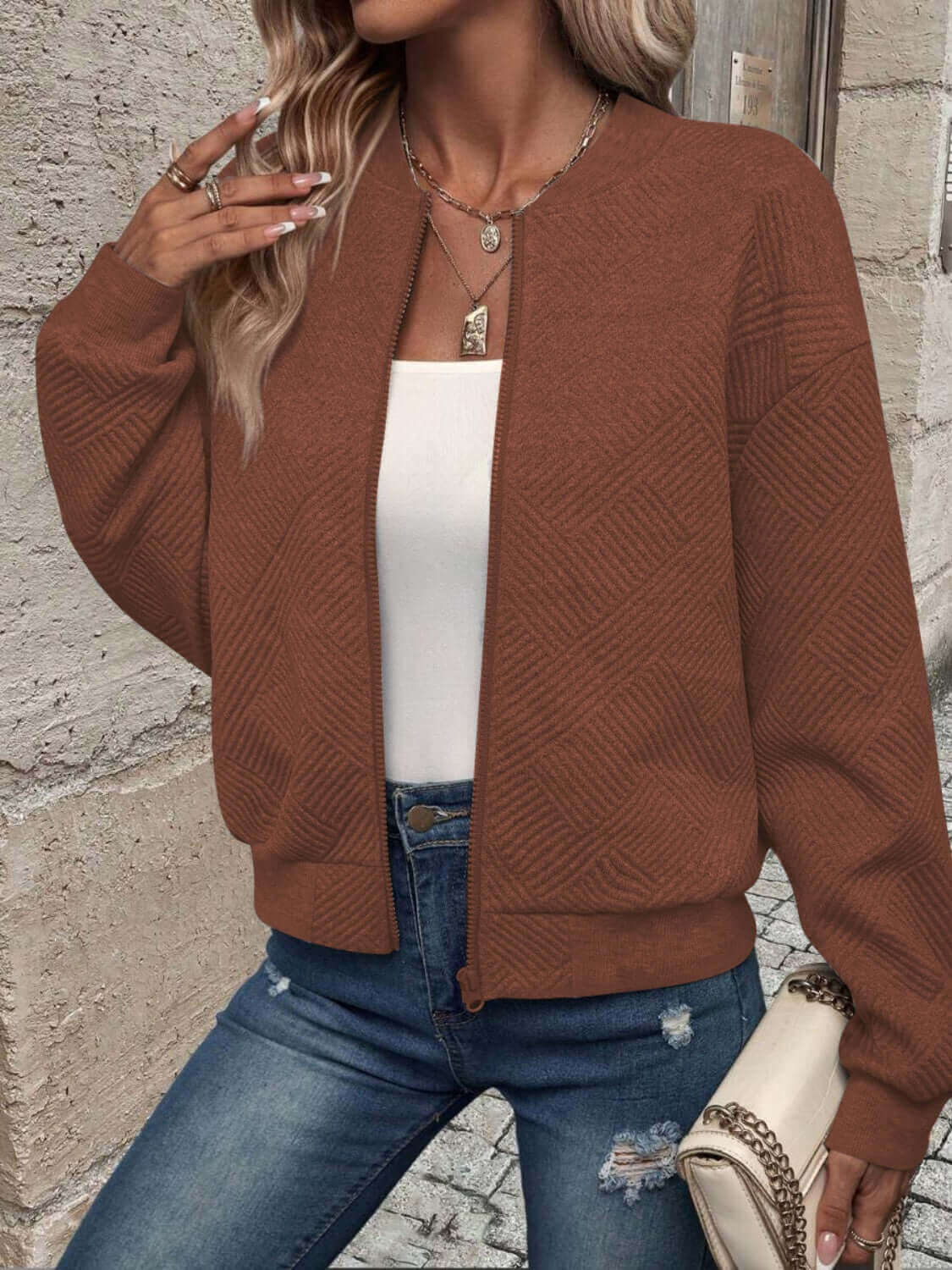 Textured Zip Up Long Sleeve Jacket - TayDiane