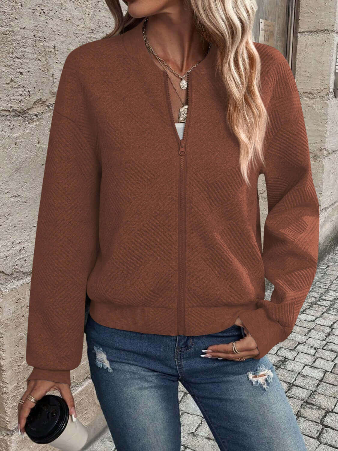 Textured Zip Up Long Sleeve Jacket - TayDiane