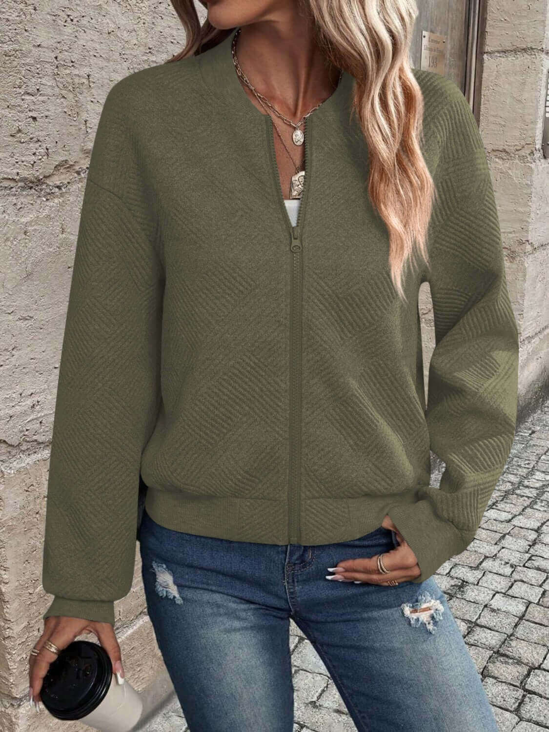 Textured Zip Up Long Sleeve Jacket - TayDiane