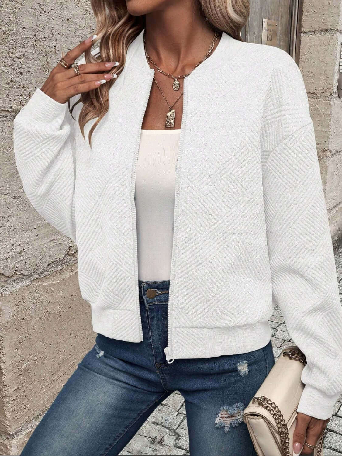 Textured Zip Up Long Sleeve Jacket - TayDiane