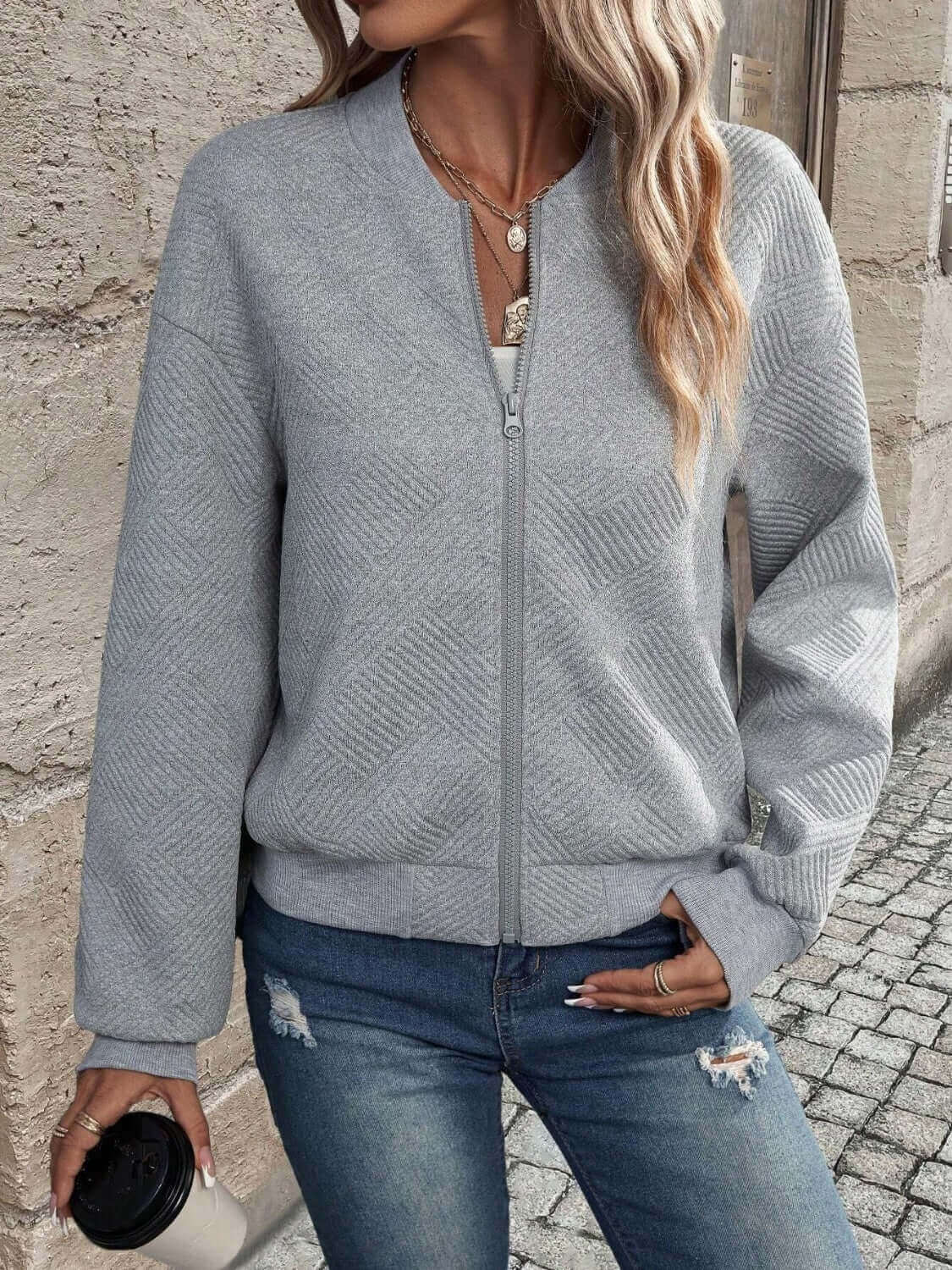 Textured Zip Up Long Sleeve Jacket - TayDiane