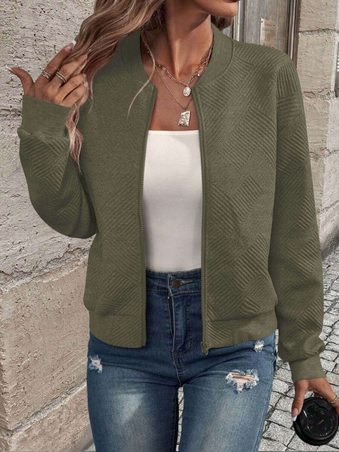 Textured Zip Up Long Sleeve Jacket - TayDiane