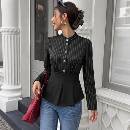 The Polished Pinstripe Peplum Blouse - Taydiane