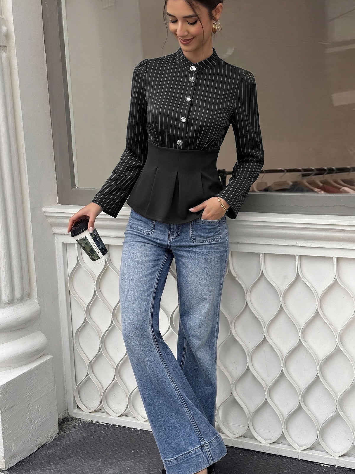 The Polished Pinstripe Peplum Blouse - Taydiane