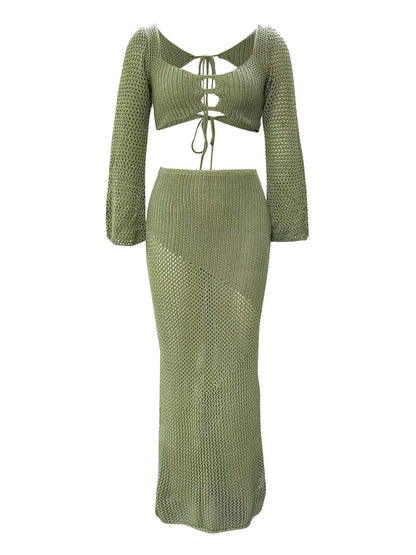 Tied Long Sleeve Top and Skirt Cover Up Set - TayDiane