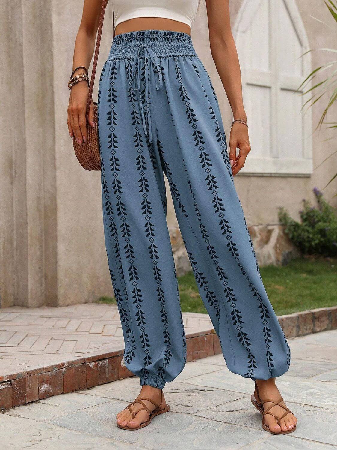 Tied Printed High Waist Pants - TayDiane