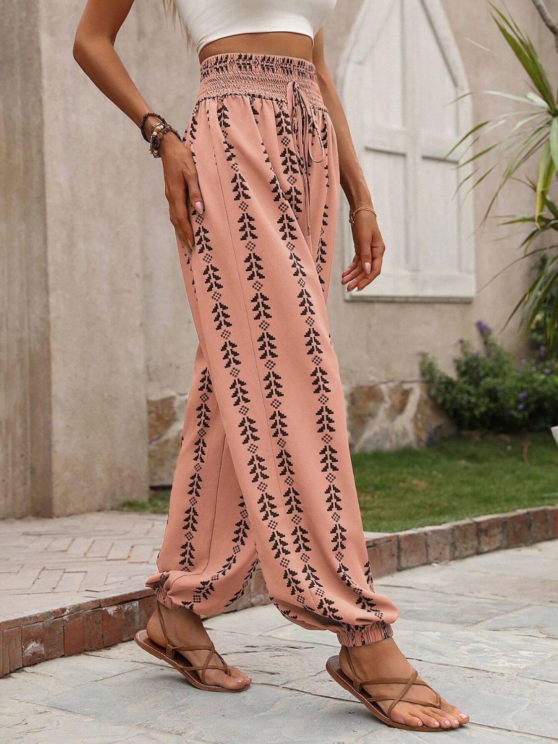 Tied Printed High Waist Pants - TayDiane