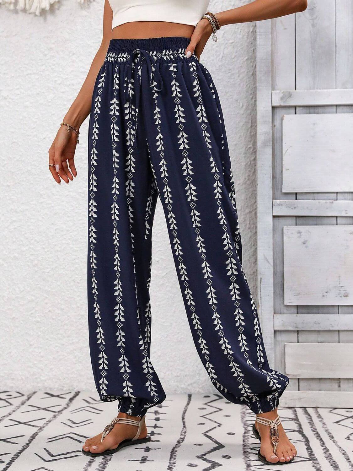 Tied Printed High Waist Pants - TayDiane