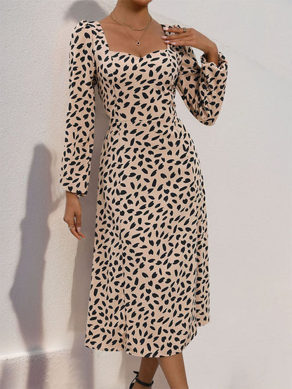 Tied Slit Printed Long Sleeve Midi Dress - TayDiane