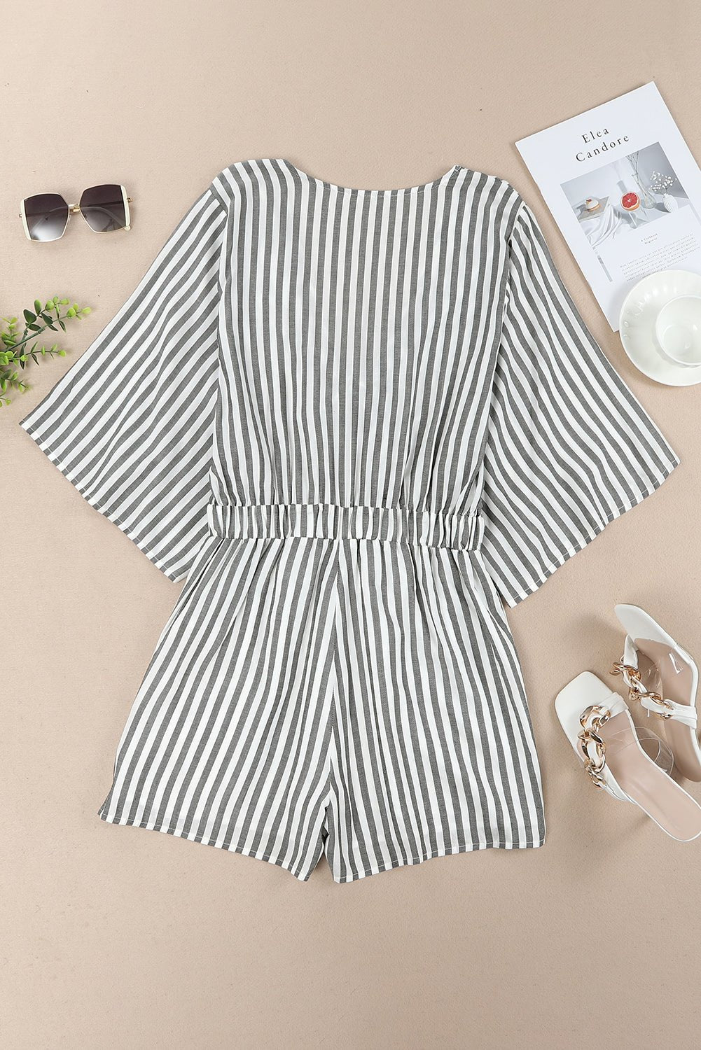 Tied Striped Three - Quarter Sleeve Romper - TayDiane