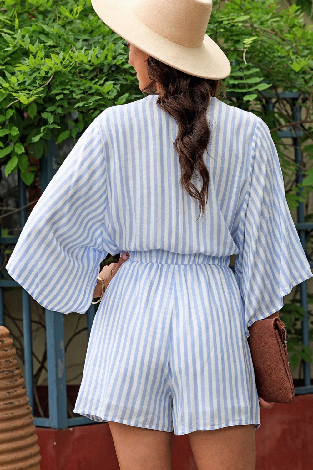 Tied Striped Three - Quarter Sleeve Romper - TayDiane