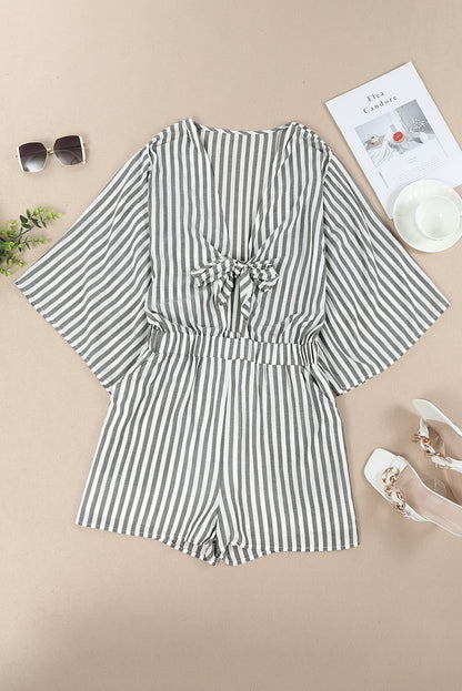 Tied Striped Three - Quarter Sleeve Romper - TayDiane