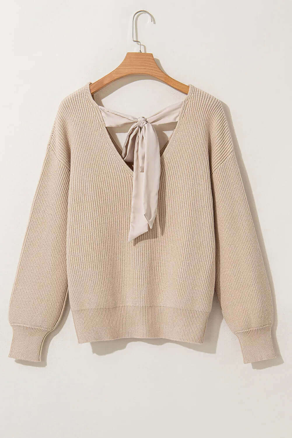 Tied V - Neck Long Sleeve Sweater - TayDiane