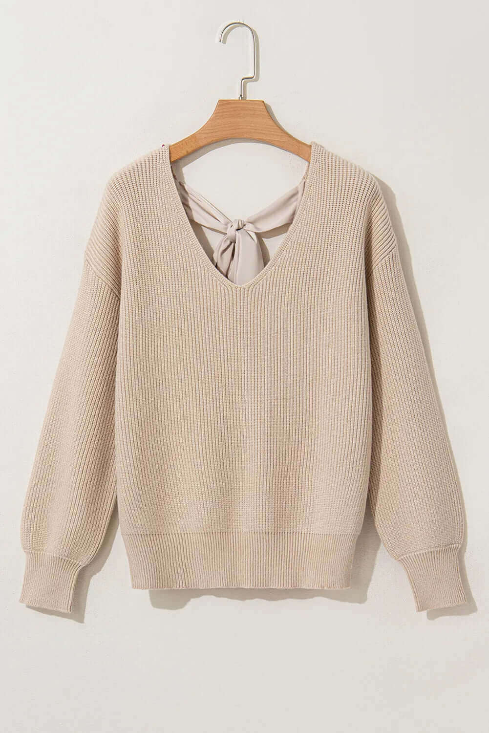 Tied V - Neck Long Sleeve Sweater - TayDiane