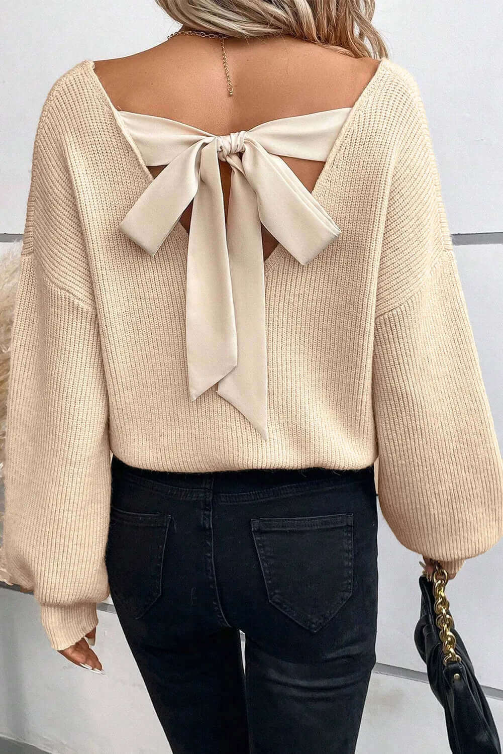 Tied V - Neck Long Sleeve Sweater - TayDiane