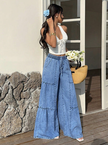 Tiered Wide-Leg Denim Pants - Taydiane
