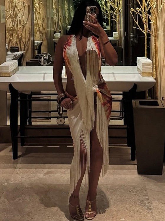 Tropical Fringe Halter Skirt Set - TayDiane
