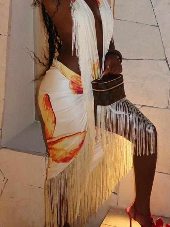 Tropical Fringe Halter Skirt Set - TayDiane