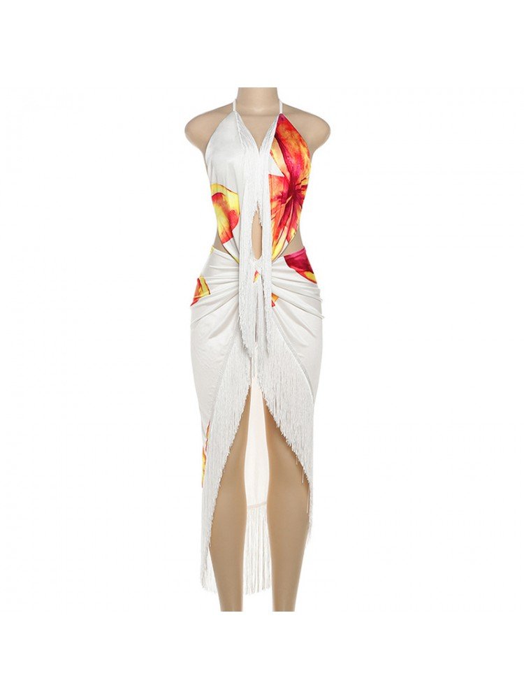 Tropical Fringe Halter Skirt Set - TayDiane