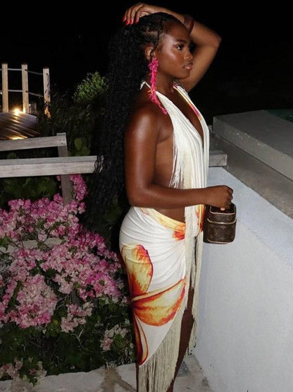 Tropical Fringe Halter Skirt Set - TayDiane