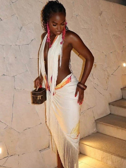 Tropical Fringe Halter Skirt Set - TayDiane