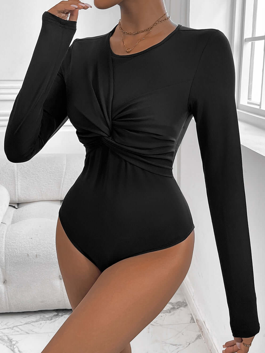 Twisted Round Neck Long Sleeve Bodysuit - TayDiane