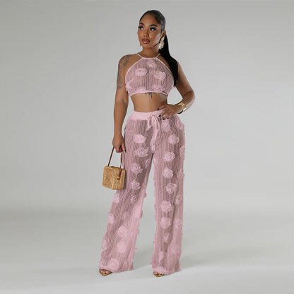 Two Piece Lace Crop Top Halter Set - TayDiane