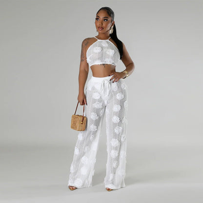 Two Piece Lace Crop Top Halter Set - TayDiane