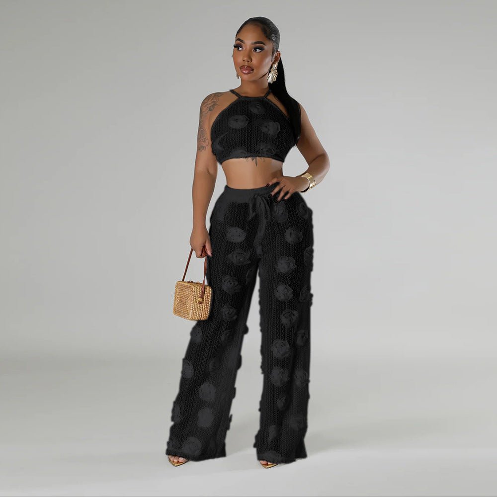 Two Piece Lace Crop Top Halter Set - TayDiane