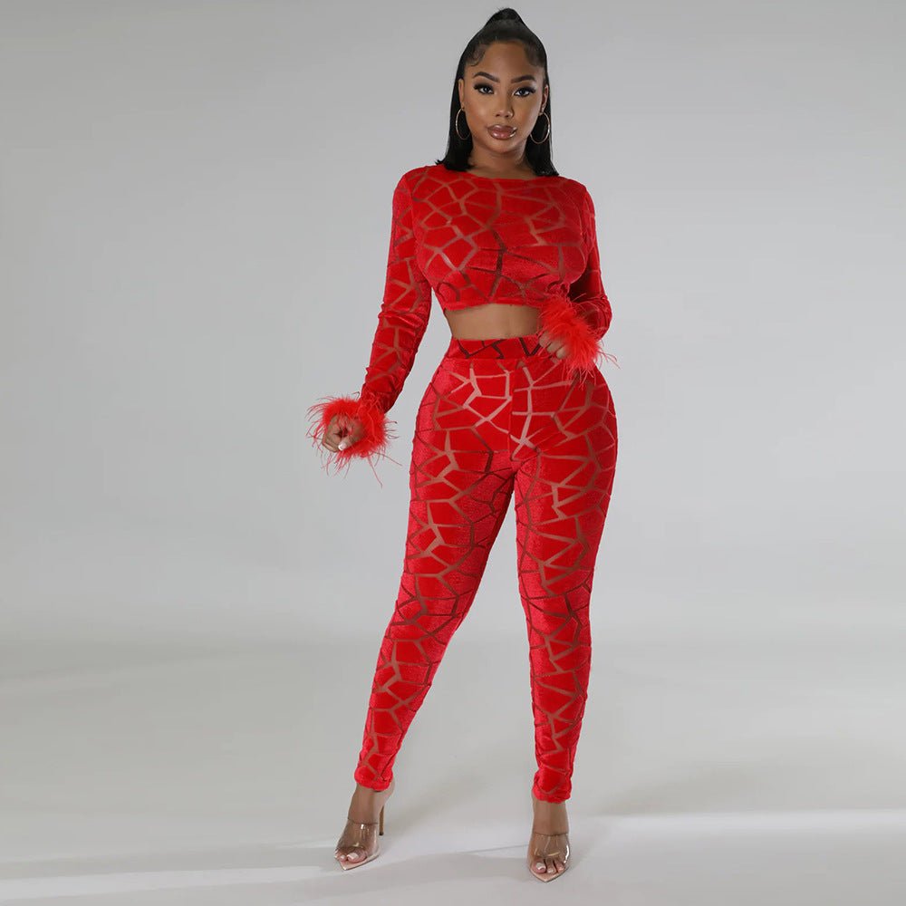 Two - Piece Sheer Crop Top with Leggings - TayDiane