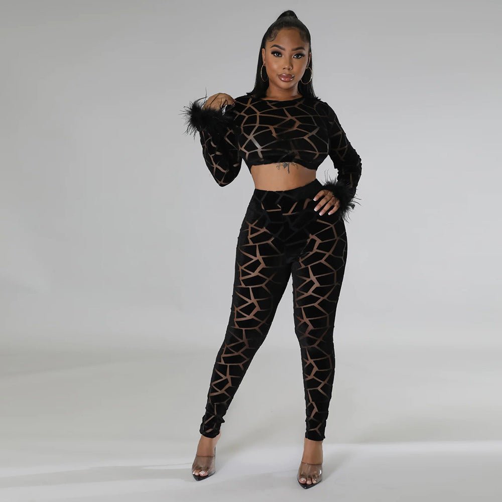 Two - Piece Sheer Crop Top with Leggings - TayDiane