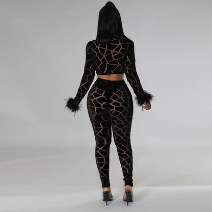 Two - Piece Sheer Crop Top with Leggings - TayDiane