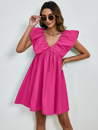 V - Neck Cap Sleeve Mini Dress - TayDiane