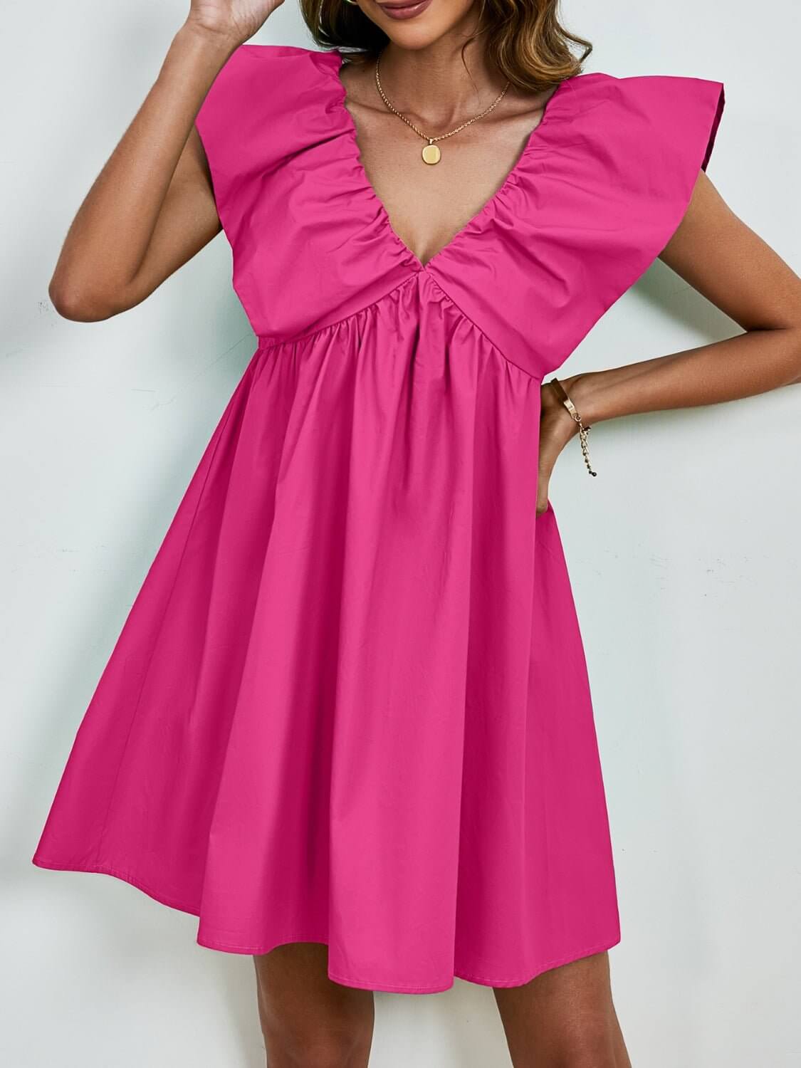 V - Neck Cap Sleeve Mini Dress - TayDiane