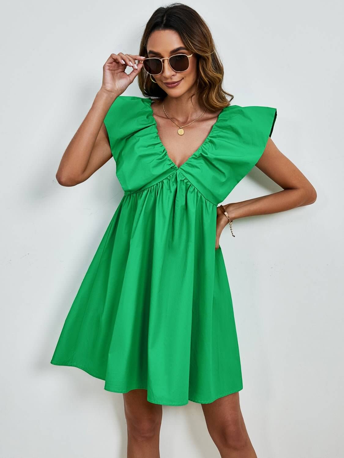 V - Neck Cap Sleeve Mini Dress - TayDiane