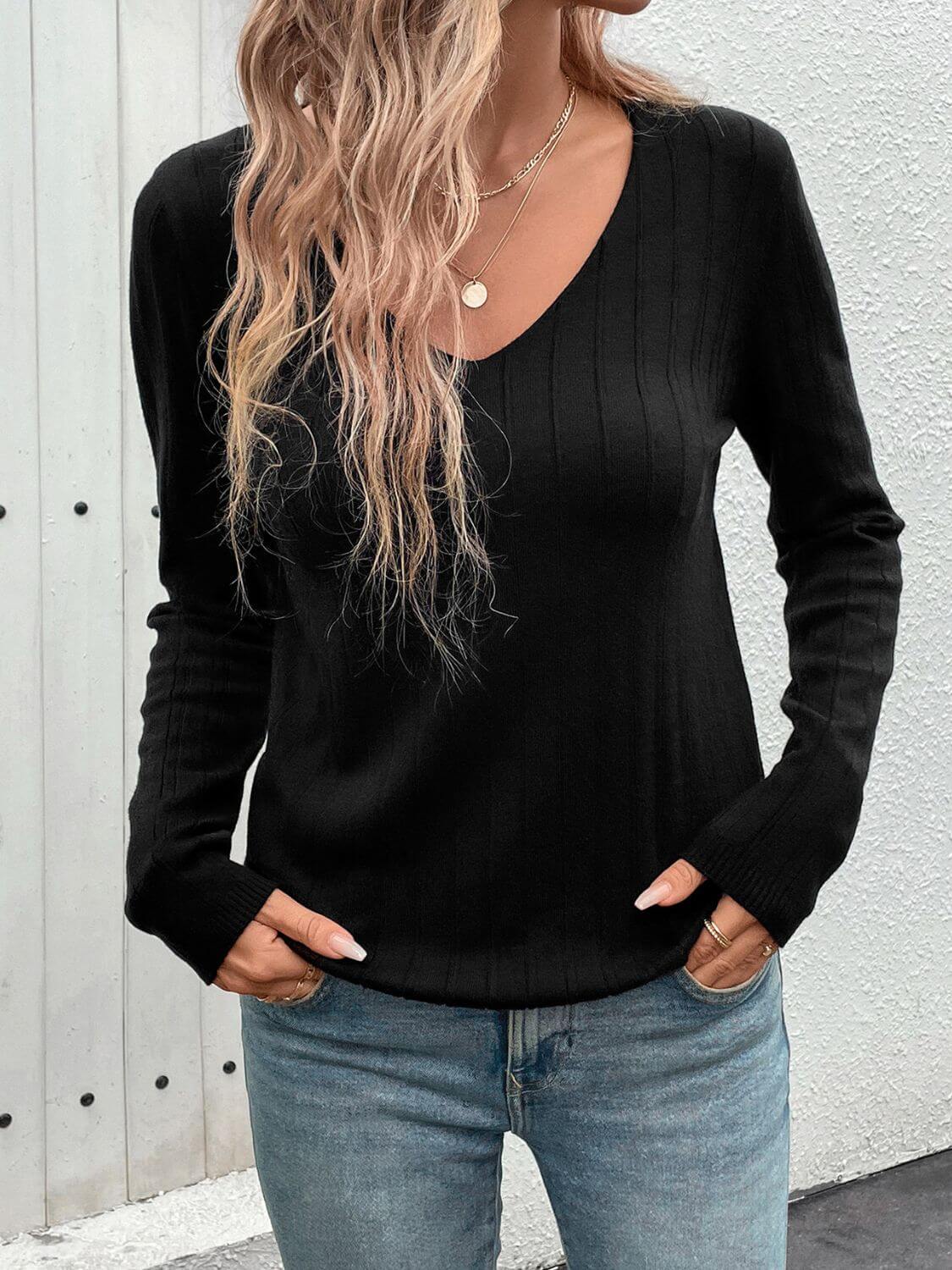 V - Neck Long Sleeve Knit Top - TayDiane