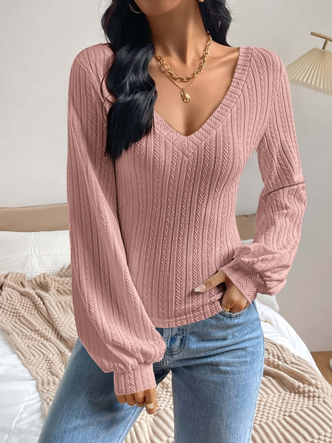 V - Neck Long Sleeve Shirt - TayDiane