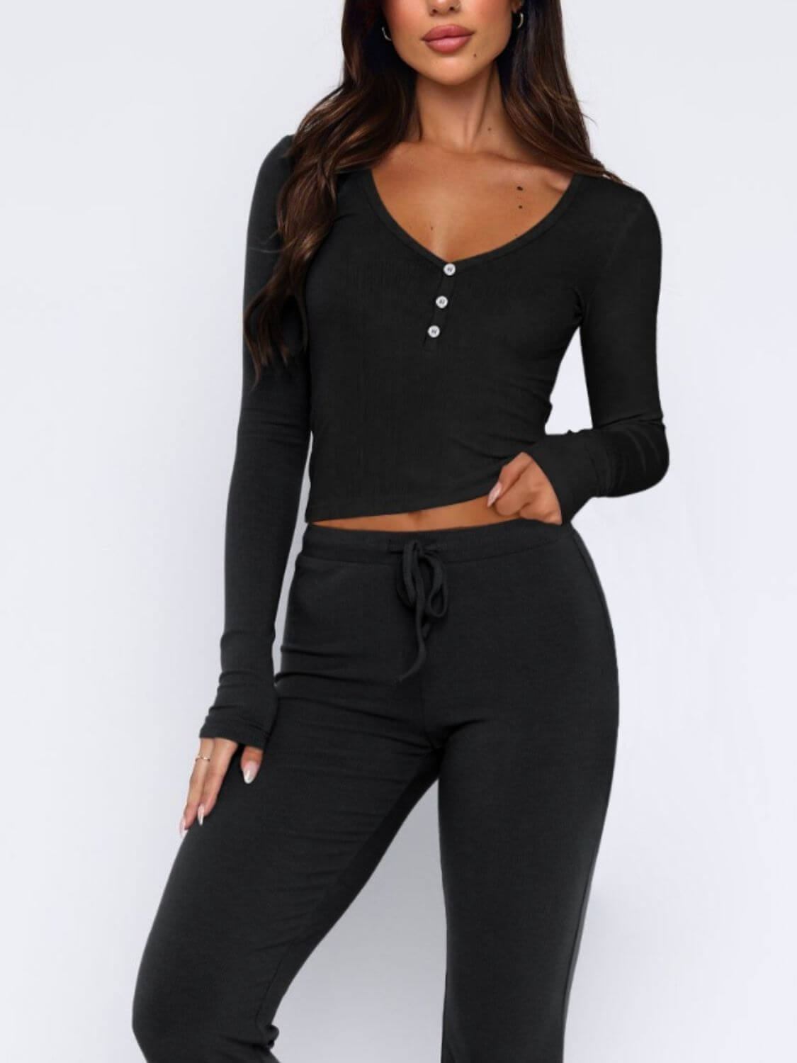 V - Neck Long Sleeve Top and Pants Set - TayDiane