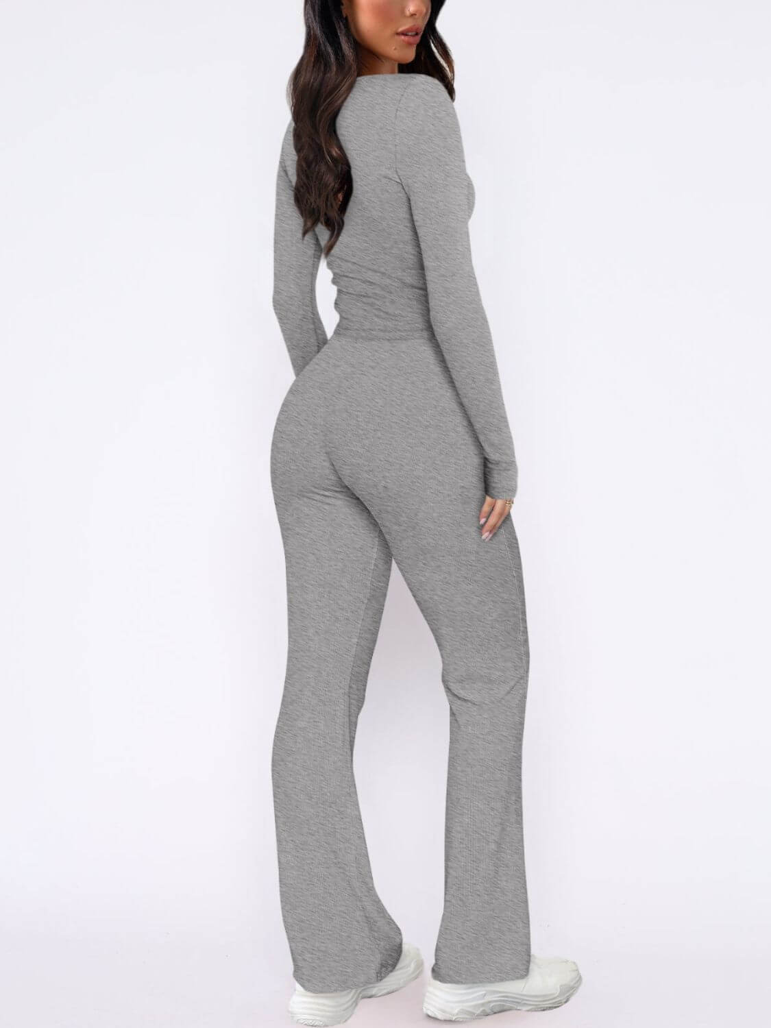 V - Neck Long Sleeve Top and Pants Set - TayDiane